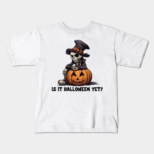 Is it Halloween Yet? Adorable Sad Skeleton Resting on a Jack-o-Lantern Kids T-Shirt